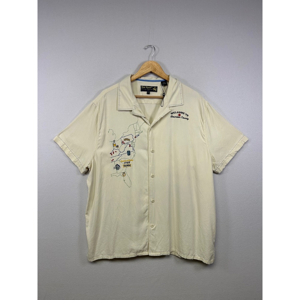Americana Retro Nat Nast Mens XXL Cream Silk Bourbon Whiskey Embroidered Shirt